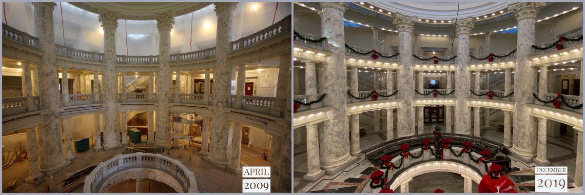 Idaho’s state capitol building was under construction for much of 2008 and 2009 (left). In 2019, the renovated capitol was decorated for the holidays.