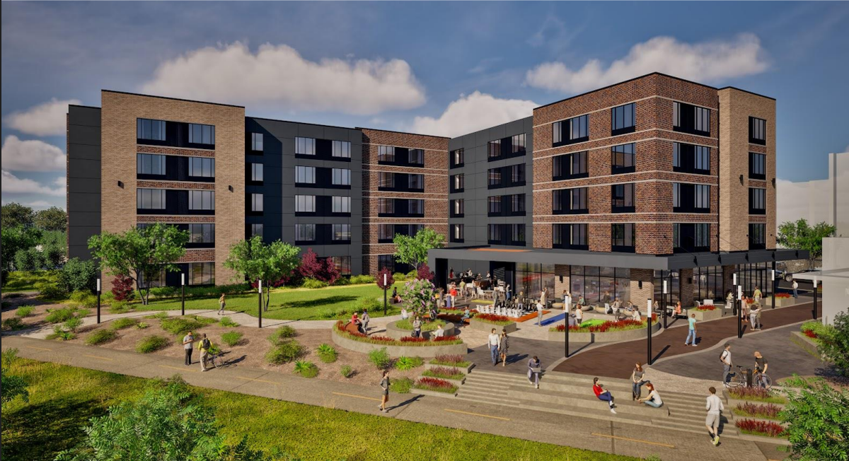 The planned hotel at CWI’s Boise campus was redesigned to connect better with the Greenbelt, seen here at the bottom of the architect’s rendering. 