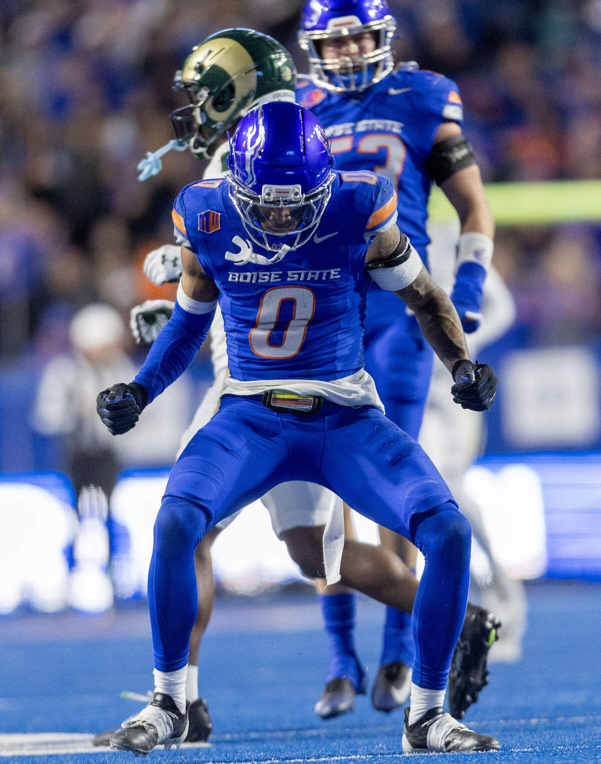 Boise State safety Ty Benefield celebrates after stopping a Colorado State play in a November win at Albertsons Stadium.