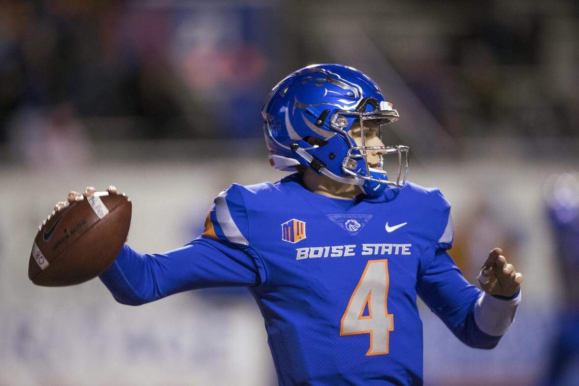 Boise State quarterback Brett Rypien (4) warms up before the start of the Broncos’ Mountain West game against Utah State in 2018 at Albertsons Stadium.