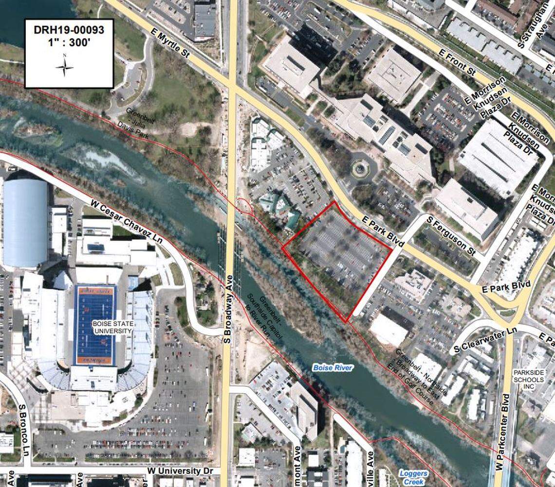 An aerial view shows the location of the proposed Park Place apartments. It’s situated along East Park Boulevard and north of the Boise River and Greenbelt.