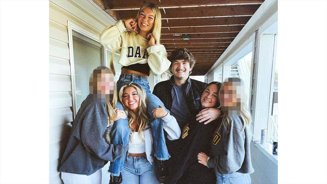 The four victims in the mass killing at the University of Idaho pose for a photo recently with two friends, who the Statesman has not identified and chose to blur their faces. At top left is Madison Mogen, 21, who is on the shoulders of Kaylee Goncalves, also 21. Ethan Chapin, 20, has his arm around Xana Kernodle, 20, his girlfriend.