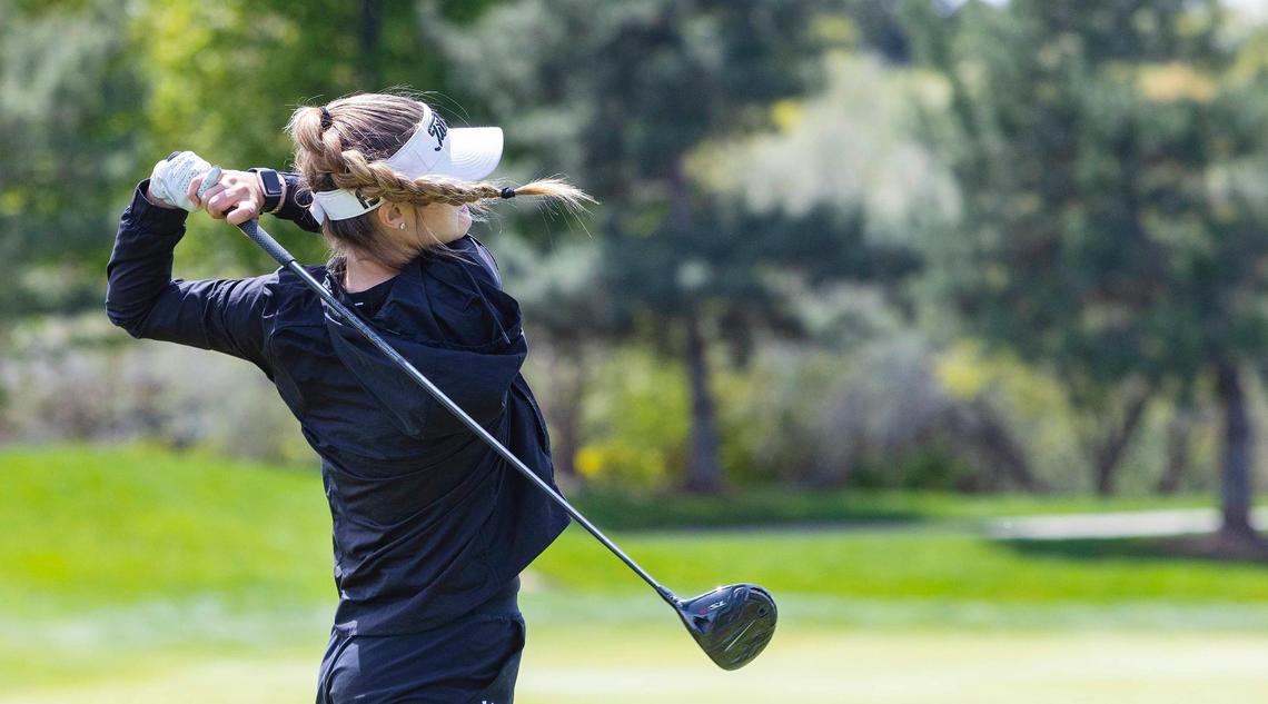 Rocky Mountain’s Emry Gibbs finished second behind Patterson and led the Grizzlies to the team title at the 5A District Three girls golf tournament Tuesday at BanBury Golf Course in Eagle.