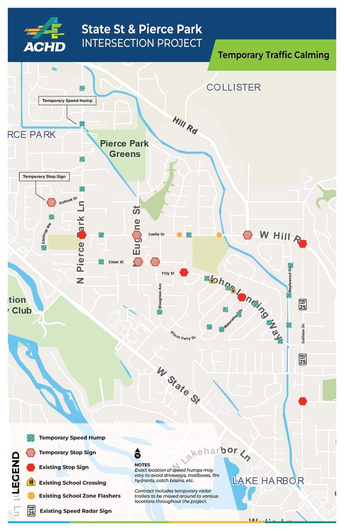 Map of temporary traffic-calming measures in Northwest Boise.
