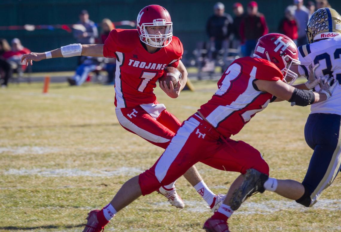 Homedale quartervack Daniel Uranga cuts inside a block during the Trojans’ 51-6 win over Timberlake in the 3A states semifinal last weekend.