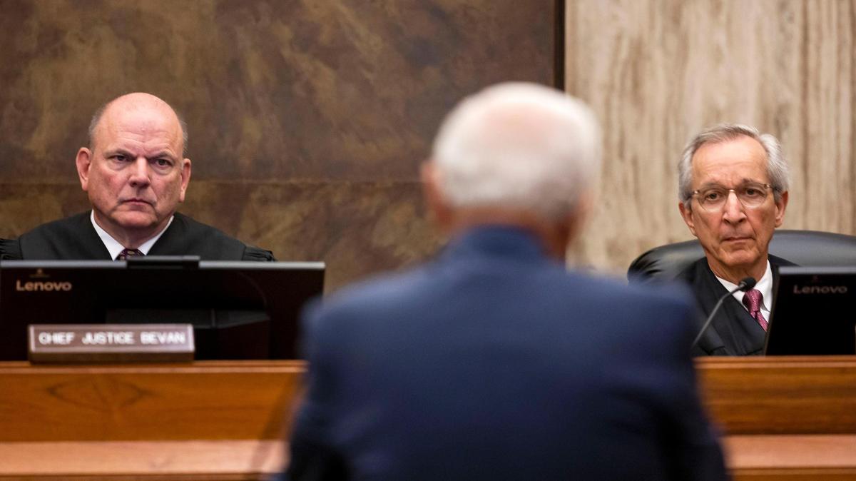 Idaho Supreme Court justices hear arguments on Idaho’s abortion ban in October 2022. Bevan and Stegner, who’s retiring this year, have advocated for higher pay for Idaho judges, whose salaries have lagged well behind inflation in recent years.