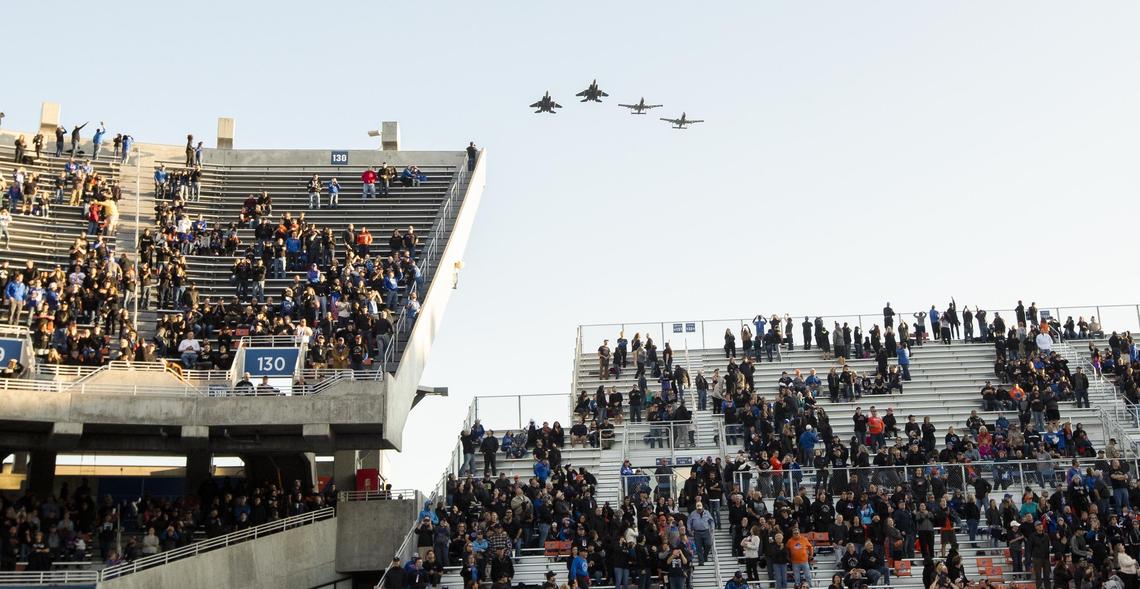 Mountain Home Air Force Base and Idaho Air National Guard pilots flying F-15s and A-10s zoom over Albertsons Stadium at the start of Boise State’s football game against Mountain West foe Air Force on Friday at Albertsons Stadium.