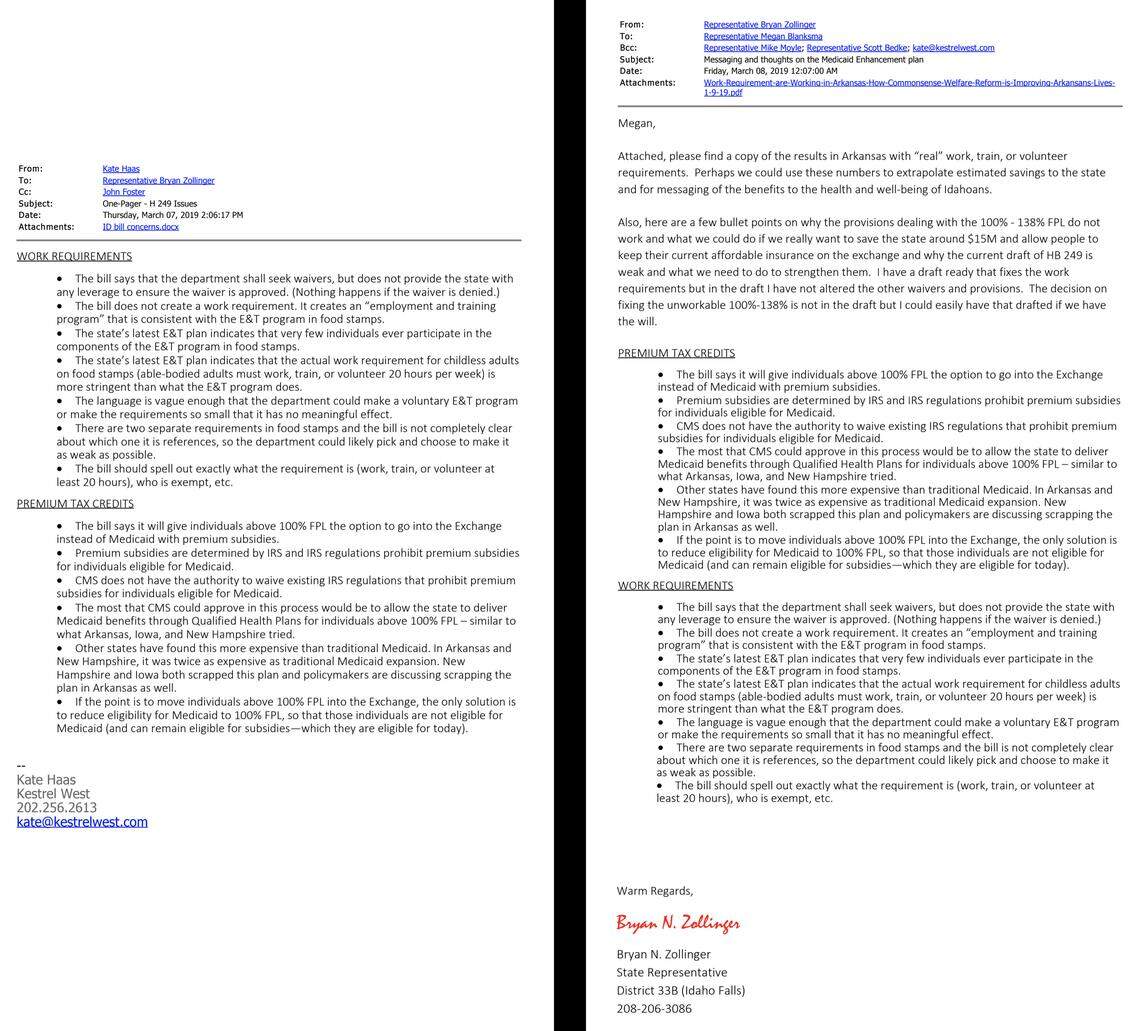 Kate Haas sent meeting notes written by Foundation for Government Accountability Vice President Jonathan Ingram to Rep. Bryan Zollinger on March 7 after a lunch meeting they held. Later, at midnight, Zollinger sent the same message to House Majority Caucus Chair Megan Blanksma, R-Hammett, but did not mention where he had gotten the information.
