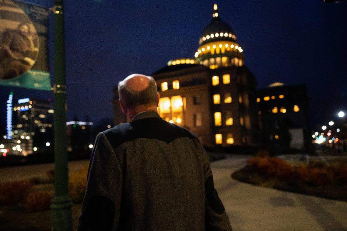 With the lights of Boise shimmering in the background, and before the sun comes up, Rep. Mike Moyle, R-Star, makes his way toward his part-time office, the Capitol.