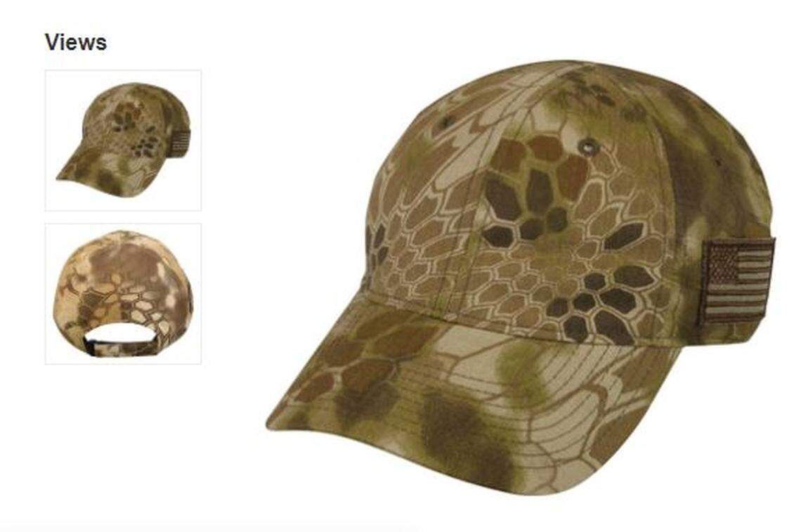 Kryptek Outdoor Group sells many of its baseball-style camouflage hats to other companies that sell them as is or add patches or logos. This cap, offered by capwholesalers.com, is similar to ones that extremists added a logo from Marvel’s the Punisher comic book.