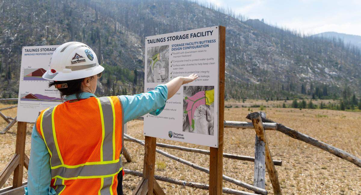 Mckinsey Lyon, vice president of external affairs for Perpetua Resources, points out the intended location for a 475-foot-tall tailings dam, where waste rock would be stored, if the Stibnite Gold Project near Yellow Pine moves forward.