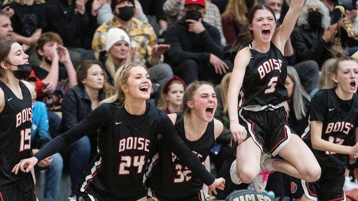 Boise celebrates a buzzer-beating 3-pointer from Avery Patricco at the end of the third quarter in the 5A District Three Tournament championship at Capital High. The Brave rallied to beat Timberline 44-36 in overtime for their first district title since 2004.
