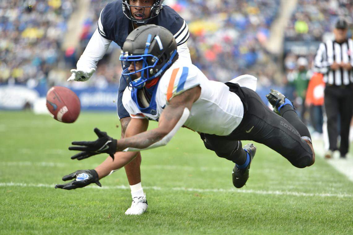 Boise State wide receiver Octavius Evans attempts to make a diving catch Saturday, Oct. 9, 2021, at BYU.