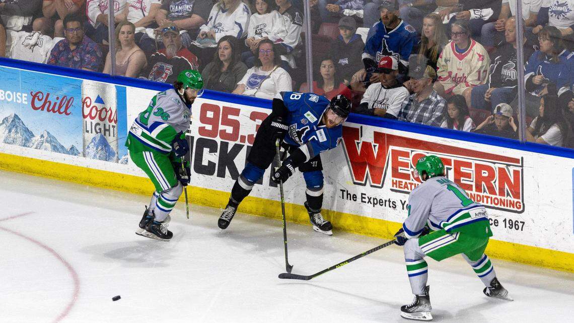 Idaho Steelheads captain A.J. White gets the puck off the wall in Game 1 of the Kelly Cup Finals against the Florida Everblades on Saturday at Idaho Central Arena. Florida now leads the series 3-0.