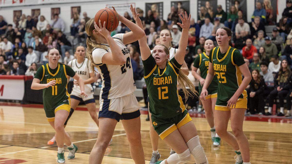 Middleton junior Megan Stewart scores during their game against Borah in the 6A District Three girls basketball tournament held at Owyhee High School, Tuesday, February. 10, 2026.