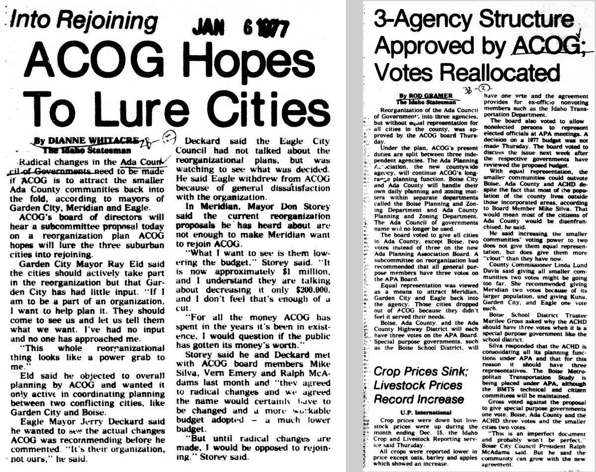 In 1977, the Ada Council of Governments board agreed to reorganize itself as the Ada Planning Association after the smaller cities dropped out of the alliance.