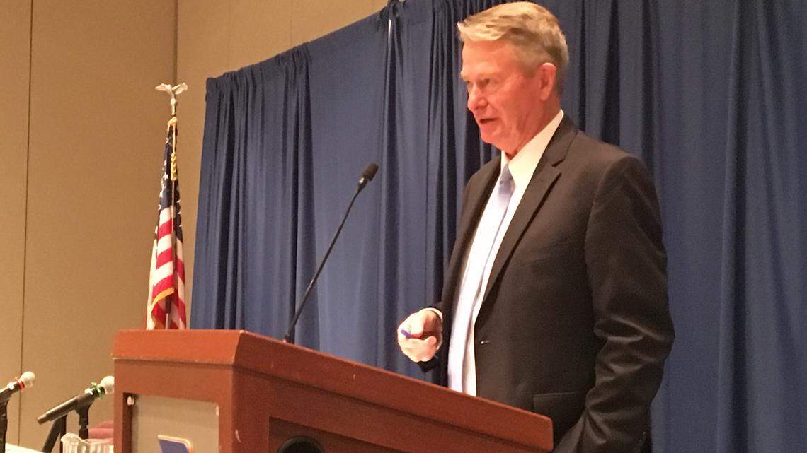 Idaho Gov. Brad Little talks about the state’s “shared stewardship” program during his keynote address to the Western Governors Association Working Lands Roundtable Thursday, Oct. 3, 2019, at Boise State University.