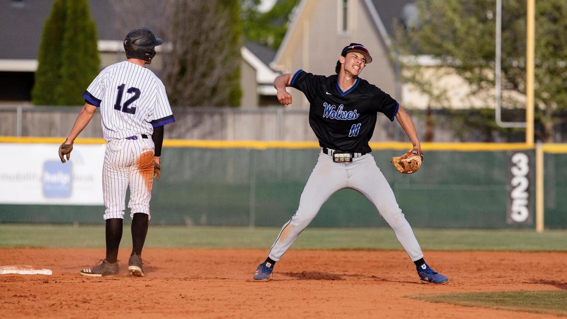 Timberline’s Greyson Shafer celebrates as the Wolves clinch a sweep of the 5A District Three baseball championship series with a 3-1 victory Wednesday at Rocky Mountain.