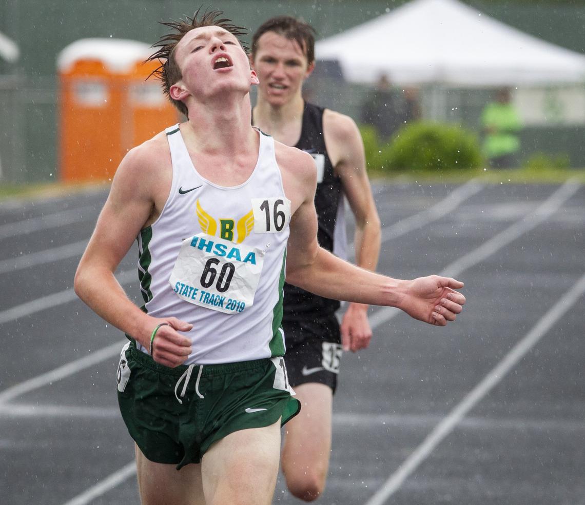 Borah’s Nathan Green crosses the finish line in 9:19.40 for first place in the 5A boys 3,200 meters. Rocky Mountain’s Joey Tolman, behind him, took second in 9:20.50 in the state track and field championships at Eagle High on Friday, May 17, 2019.