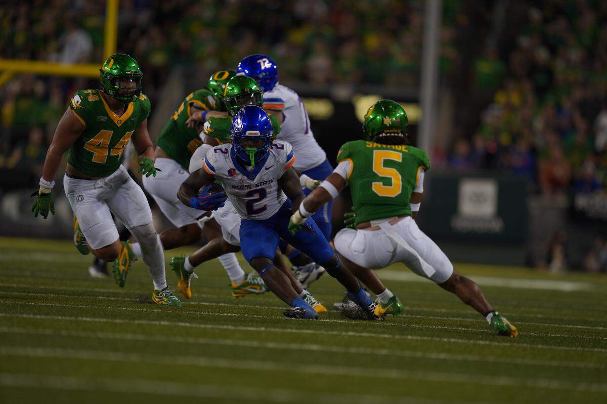 Ashton Jeanty ran for 192 yards and three touchdowns in Boise State’s 37-34 loss at No. 7 Oregon on Sept. 7, 2024.