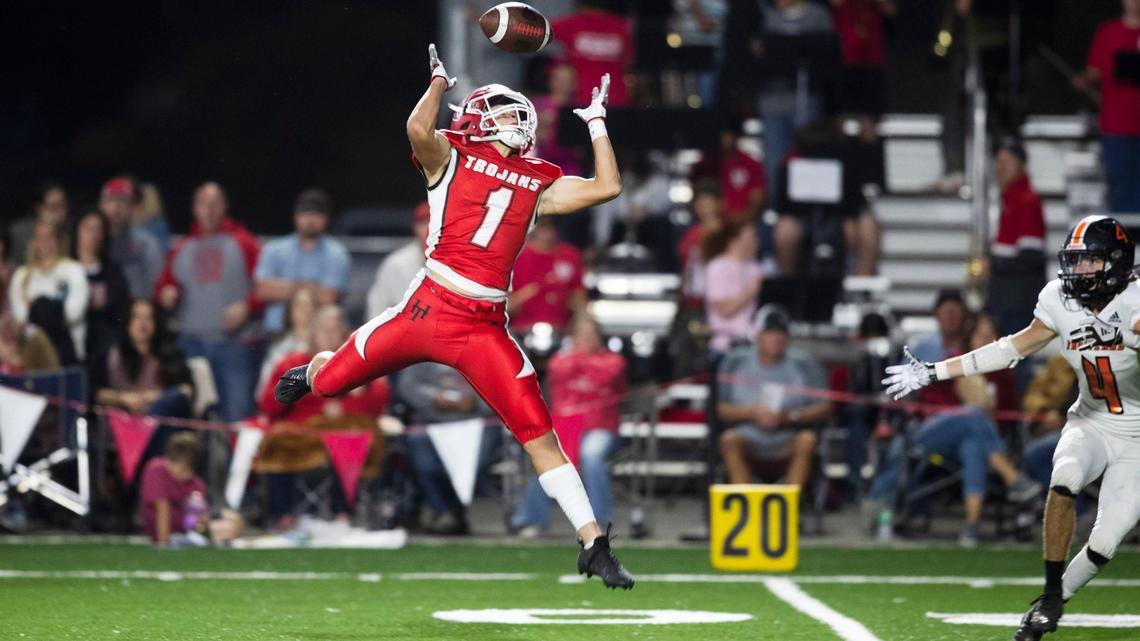Homedale wide receiver Sigmund Goode tips a long pass to himself for a big-yardage reception against Fruitland in a 3A SRV contest Friday at Homedale.