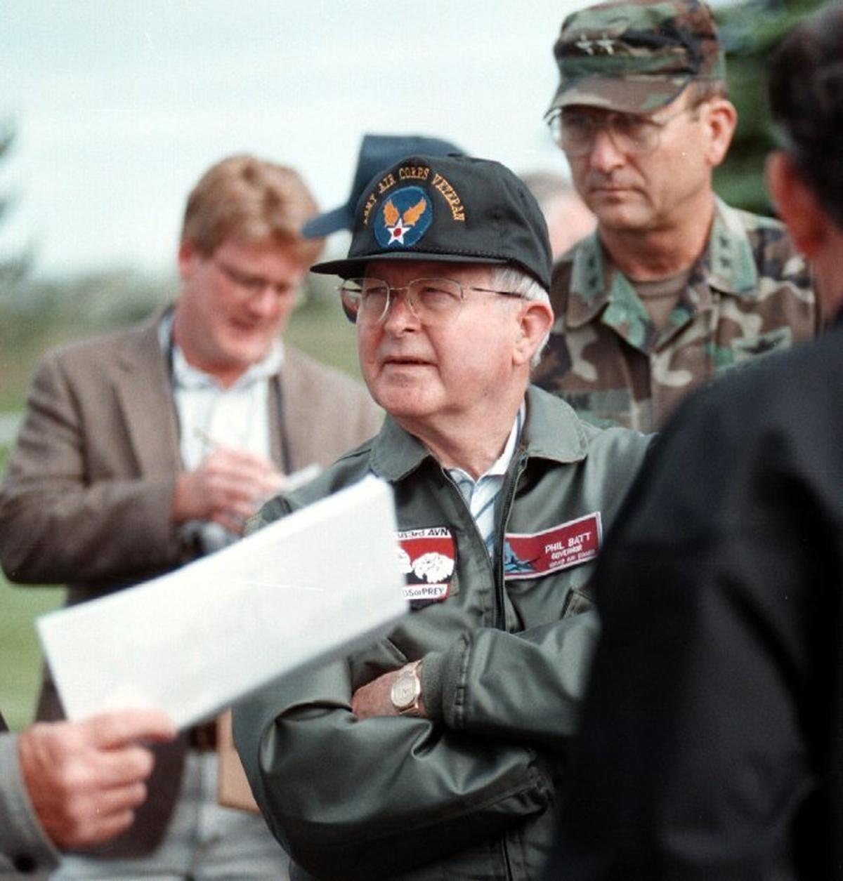 Boise State guard Kade Rice The Idaho Statesman: Gov. Phil Batt listens Sunday to officials in Roberts after flying with Major Gen. John Kane, back right, to assess damages.