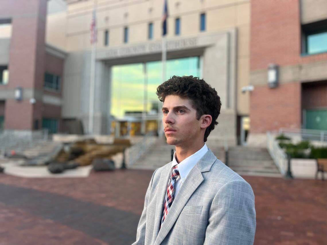 Samson Allen, 22, stands outside the Ada County Courthouse on Wednesday after receiving a guilty verdict for charges of resisting arrest and obstructing justice. In his allocution before being sentenced, Allen told the court that he found it “very disheartening to see that this is the standard for our supposed protectors.”