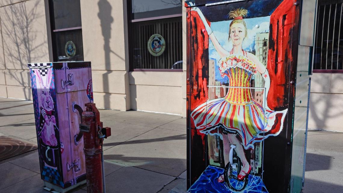 Artist Patrick Davis’s artwork covers several utility boxes on 9th Street in downtown Boise.
