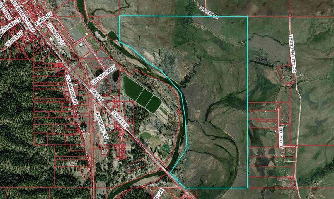 The green line on this map from the Valley County Assessor’s Office defines the parcel that would include the River District subdivision.