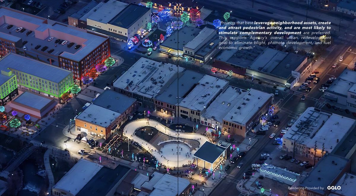 An artist rendering shows Caldwell’s Indian Creek Plaza, center, with the Creekside development to the left, illuminated in green and red lights.