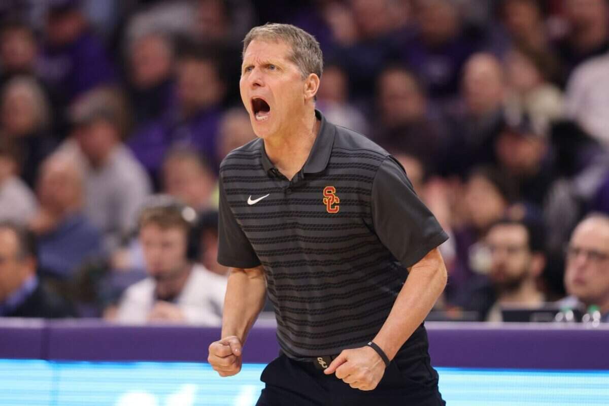 EVANSTON, ILLINOIS - FEBRUARY 04: Head coach Eric Musselman of the USC Trojans reacts against the Northwestern Wildcats during the second half at Welsh-Ryan Arena on February 04, 2025 in Evanston, Illinois.  (Photo by Michael Reaves/Getty Images)