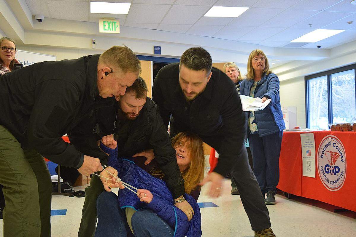 Teresa Borrenpohl of Post Falls was dragged out of the Kootenai County Republican Central Committee’s Legislative Town Hall after making several remarks against various legislators and initiatives.