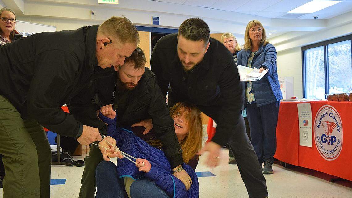 Teresa Borrenpohl of Post Falls was dragged out of the Kootenai County Republican Central Committee’s Legislative Town Hall on Saturday after making several remarks against various legislators and initiatives.