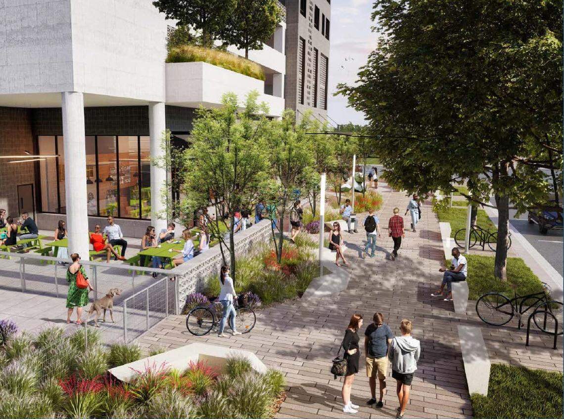 An artist’s rendering of street life on the west side of the proposed Boise Caddis apartments looking south along 3rd Street toward Myrtle Street in Downtown Boise.
