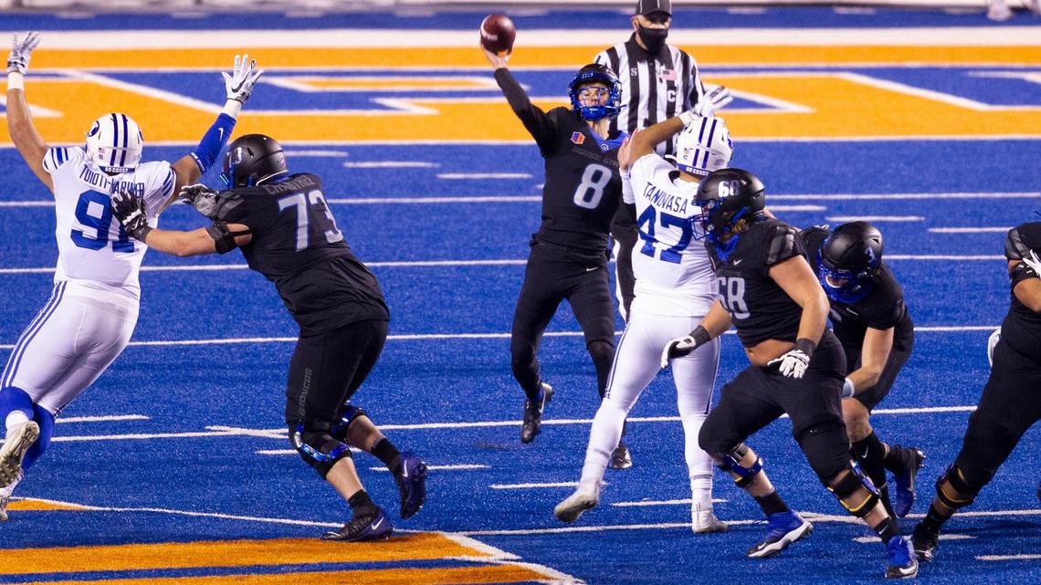 Boise State quarterback Cade Fennegan (8) throws a pass during last season’s loss to BYU.