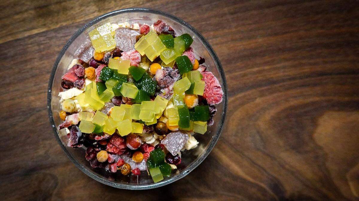 Bingsoo, which is on the current five-course prix-fixe menu, includes wild currants, corn, cajeta, perilla and mochi.