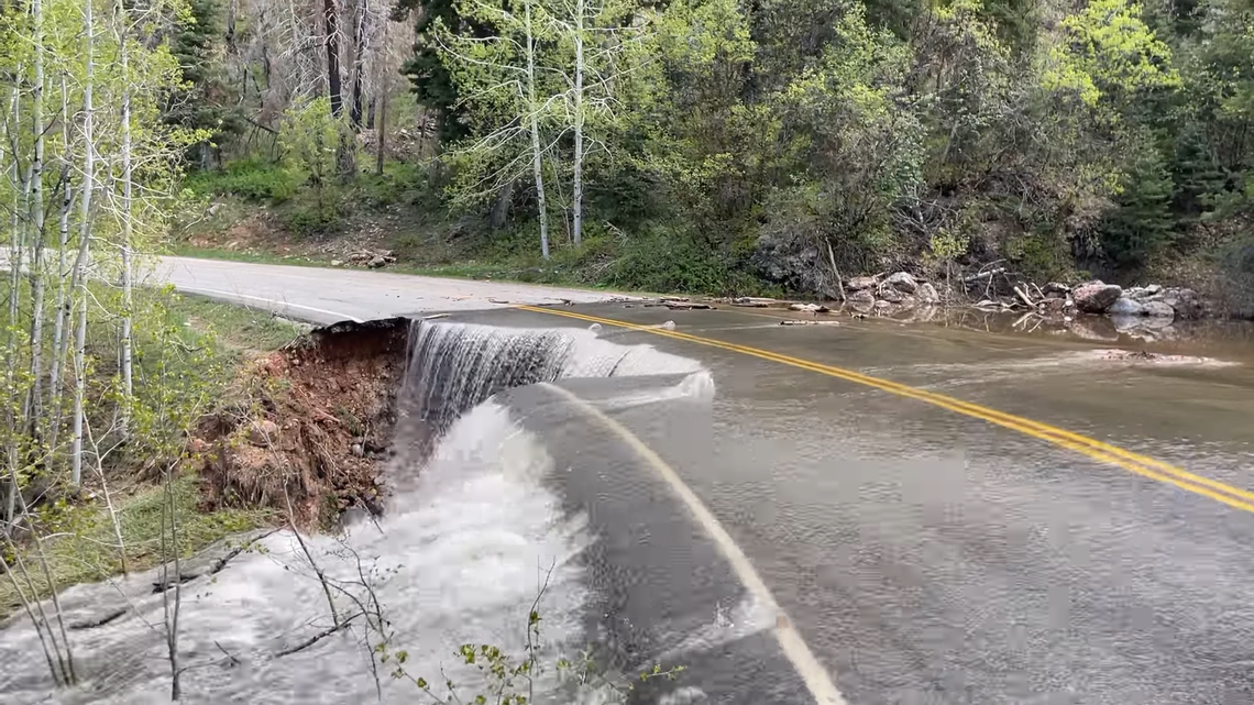 Floodwaters washed out a gaping hole on the Nebo Loop Scenic road that leads to the Upper Grotto trail in Utah’s Payson Canyon.
