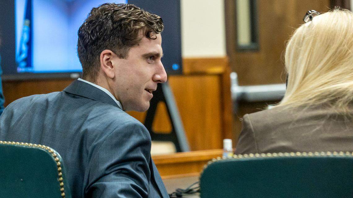Bryan Kohberger, left, speaks with his lead public defender, Anne Taylor, at a pretrial hearing at the Latah County Courthouse in Moscow, Idaho, in August 2023.
