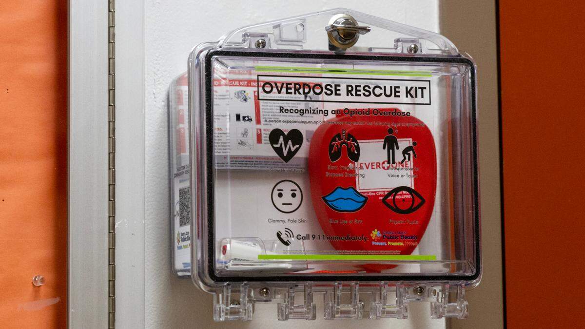 An overdose rescue kit is attached to the wall outside of the main office at Salmon High School, April 30, 2023. The kit, provided by Eastern Idaho Public Health, contains Naloxone (Narcan) to use as a life-saving treatment for an opioid overdose. Examples of opioids include oxycodone methadone and Fentanyl.