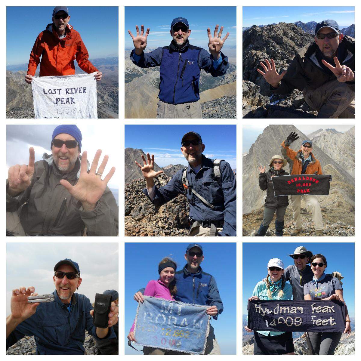 The summits of Idaho’s 12,000-foot peaks, top row: Lost River peak, Diamond Peak and Mount Idaho; center, Mount Breitenbach, Mount Church and Donaldson Peak;  bottom Leatherman Peak, Borah Peak and Hyndman Peak.