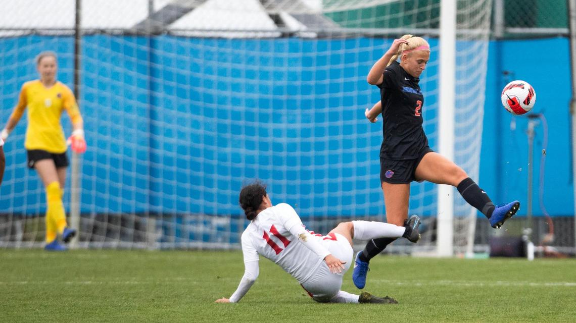 Boise State defender Jocelyn Stephens deflects a shot by San Diego State’s Denise Castro in the second half of the Broncos’ 1-0 win in the Mountain West Tournament quarterfinals Monday at the Boas Soccer Complex in Boise.