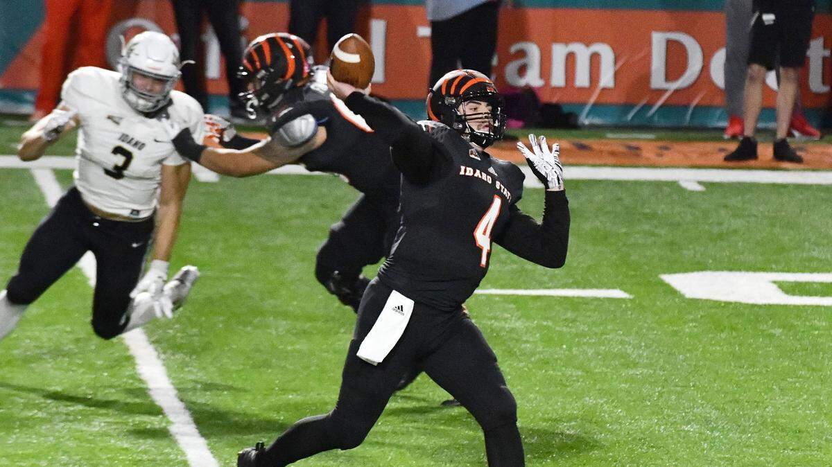 Idaho State quarterback Tanner Gueller threw for 492 yards and eight touchdowns as the Bengals routed in-state rival Idaho 62-28 on Oct. 6 in Pocatello’s Holt Arena.