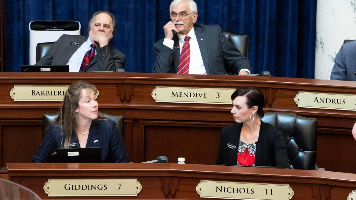 Rep. Priscilla Giddings, R-White Bird, joins Rep. Tammy Nichols, R-Middleton, on the House floor for the first time in two weeks after the Idaho Legislature recess for two weeks due to a COVID-19 outbreak.