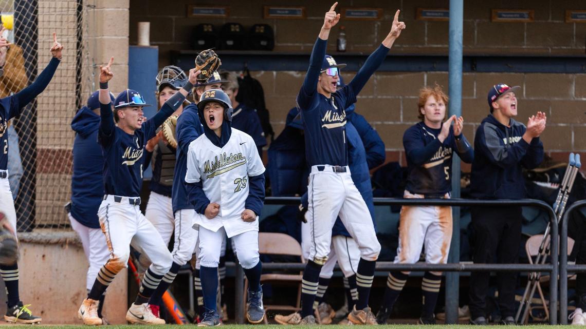 Middleton’s dugout celebrates during a fifth-inning rally that led to a 5-2 win over Eagle in Game 1 of the 5A District Three baseball championship series Monday in Middleton.