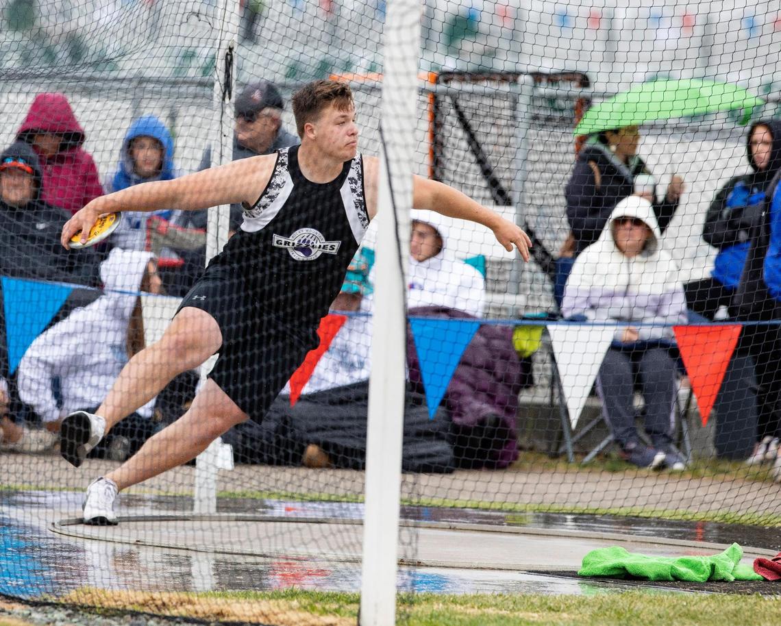 Jarell Lucas of Rocky Mountain High School competes In the 5A boys discus at the IHSSA track and field state championships at Eagle High School on Friday, May 21, 2021. Lucas took first place.