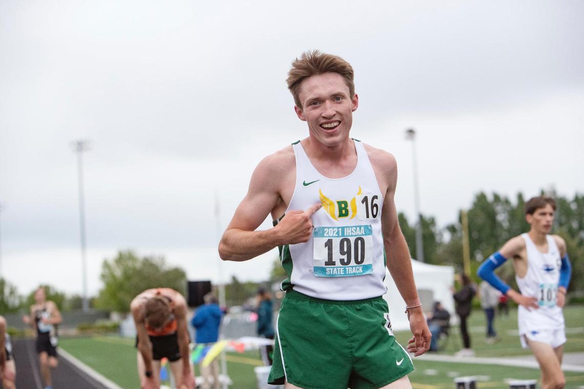 Nathan Green of Borah smiles after setting the overall state meet record in the 3,200 meters at the IHSSA track and field state championships at Eagle High School on Friday, May 21, 2021.