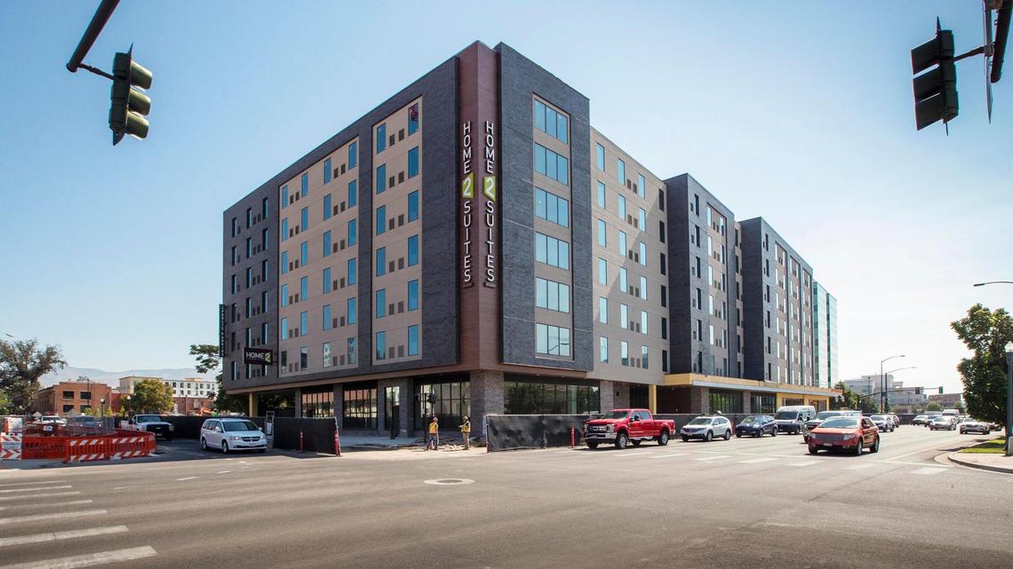 The 138-room Home2Suites building at the corner of Front and 6th Streets is catty-corner to Trader Joe’s and Chipotle.