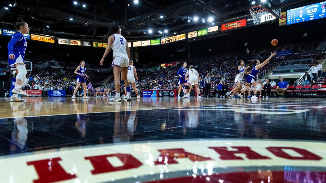 An IHSAA survey showed 68% of the state’s superintendents, principals and athletic directors favored expanding the Idaho high school state tournaments. Above, Rocky Mountain battles with Coeur d’Alene in the first round of the 5A girls basketball state tournament Feb. 15 at the Ford Idaho Center in Nampa.