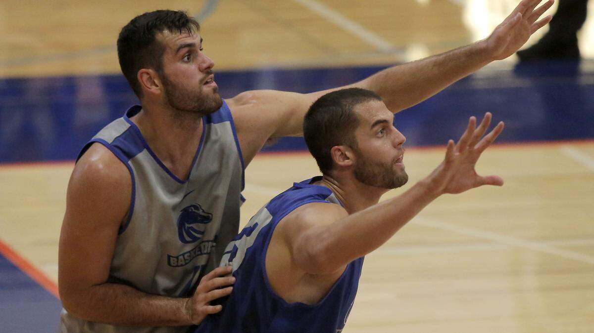 Boise State’s David Wacker (right) battles for position against Zach Haney during the Boise State men’s basketball scrimmage in the Bronco Gym on Friday October 19th, 2018. 