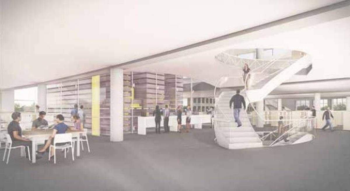 Boise’s proposed new main library would have curved stairwells and an “automated storage and retrieval system” to help more efficiently store materials.